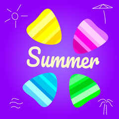 Summer vector background with seashell elements. Summer colorfull seashells on the violet backdrop. Summer illustration