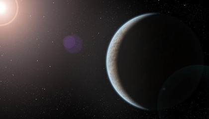 Fototapeta premium Realistic Rocky Planet with Blue Atmosphere and Lens Flare
