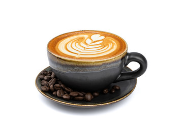 Side view of hot latte coffee with latte art in a vintage matt black cup and saucer isolated on white background with clipping path inside. Image Stacking Techniques.