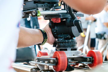 Film industry. cameraman shooting film scene with camera