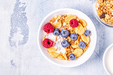 Healthy breakfast, muesli, cereal with fruit.