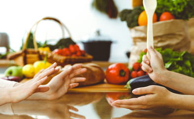 Closeup of human hands discussing something while cooking in kitchen. Women talking about menu. Family dinner, friendship and lifestyle concept