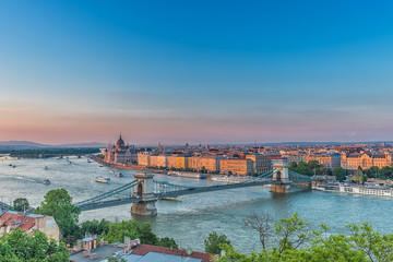 Fototapeta na wymiar Panorama of Budapest at sunset. Hungarian landmarks