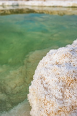 Fototapeta na wymiar Close up view of salt crystals and mineral formation on the shore of Dead Sea in Israel