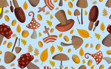Autumn seamless pattern. Pattern with forest mushrooms, acorns and yellow leaves.