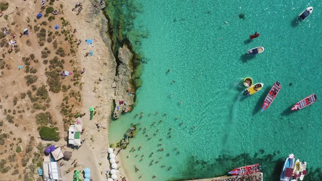 Famous Blue Lagoon at Comino Island, Malta, Aerial view