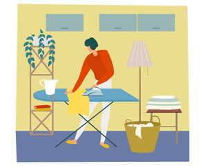 Woman is ironing cloth and having work about the house. Cleaning home theme. Flat cartoon vector illustration.