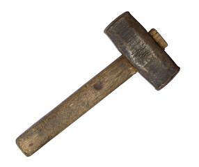 Old rusty sledgehammer with wooden handle isolated on white background