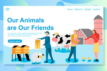 Web landing page design template for eco farm theme. Production of organic milk by the farmers, family business carrying and holding the farm