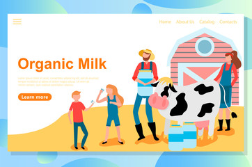 Web landing page design template for eco farm theme. Friendly Carrying of domestic animals on the farm: cows, sheeps, chickens and bees