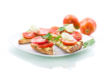 tasty sandwich with curd paste, fresh cucumbers and tomatoes
