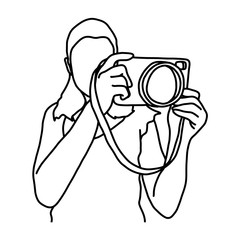 woman taking photo with camera vector illustration sketch doodle hand drawn with black lines isolated on white background