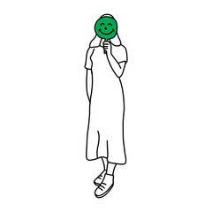 woman with green smiling mask vector illustration sketch doodle hand drawn with black lines isolated on white background