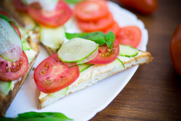 tasty sandwich with curd paste, fresh cucumbers and tomatoes