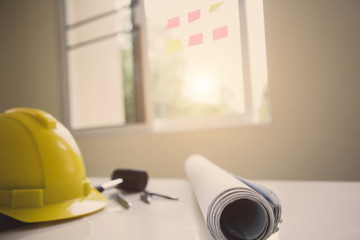 Architectural and Engineer Office desk background construction project ideas concept, with drawing equipment