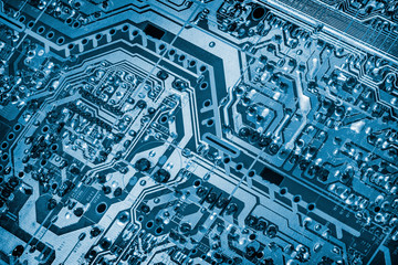 Computer Electronic Microcircuit Motherboard Detail Monochrome Blue Vignette Background