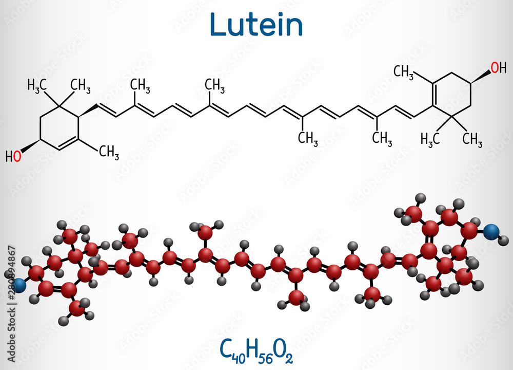 Sticker lutein, xanthophyll molecule. it is type of carotenoid. structural chemical formula and molecule mod