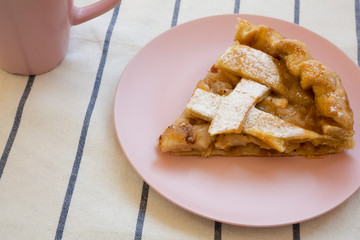 Slice of home-baked apple pie on a pink plate, low angle view. Close-up.