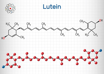 Lutein, xanthophyll molecule. It is type of carotenoid. Structural chemical formula and molecule model. Sheet of paper in a cage