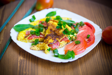 fried omelet from homemade organic eggs with tomatoes and green onions