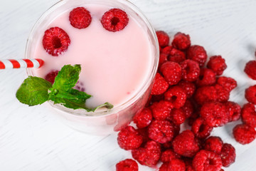 Yogurt smoothie with raspberries, fruit dessert. Berry smoothie. healthy dieting concept