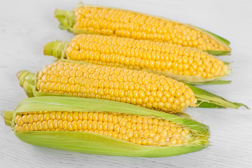 Fresh corn cobs on wooden white background. Сlose up