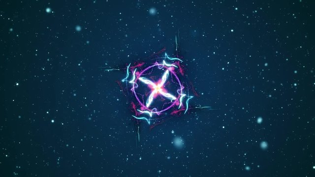 Abstract shining particle flower 3D animation. Vibrant fireworks light symmetric glowing patterns flow in waves. Colorful motion graphics overlay graphic VFX element with alpha channel matte included