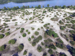 Aerial drone view of Kiev cityscape, Dnepr river.