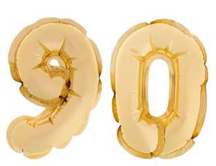 Number 90, ninety, gold colour helium balloons isolated on white background. Gold colour.