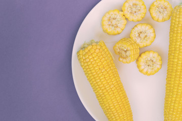 A plate with corn on a purple background.