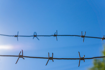 Two strands of barbed wire against a blue sky. Soft focus.
