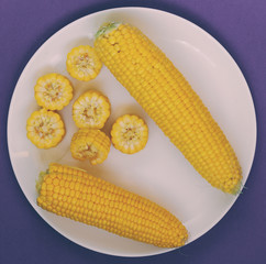 A plate with corn on a purple background.