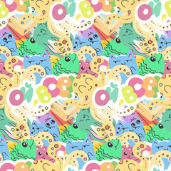 Seamless vector pattern with cute cartoon monsters and beasts. Nice for packaging, wrapping paper, coloring pages, wallpaper, fabric, fashion, home decor, prints etc