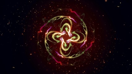 Abstract shining particle flower circle patterns 3D illustration. Vibrant fireworks light symmetric glowing patterns flow in waves. Colorful motion graphics overlay graphic VFX element