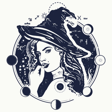 Witch woman in a black hat portrait tattoo. Female sorcerer and lunar alchemical eclipse. Dark magic, fairy tale and halloween t-shirt design