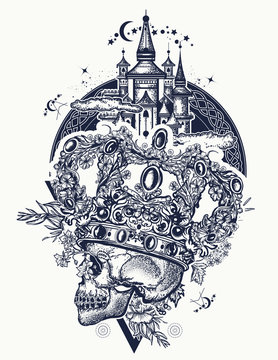 Skull with a crown. Tattoo and t-shirt design. Dead king and medieval castle.  Fairy tale, fantasy concept