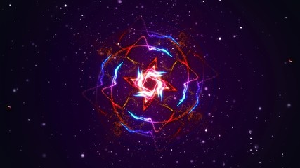 Abstract shining particle flower circle patterns 3D illustration. Vibrant fireworks light symmetric glowing patterns flow in waves. Colorful motion graphics overlay graphic VFX element