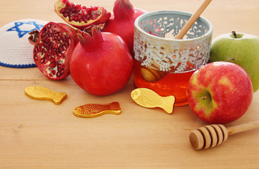 religion image of Rosh hashanah (jewish New Year holiday) concept. Traditional symbols