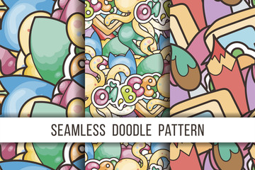 Collection of funny doodle monsters seamless pattern for prints, designs and coloring books