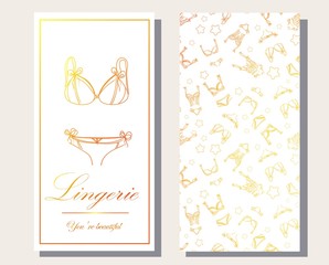 Logo and seamless pattern for Fashionable women's lingerie collection, vector illustration sketch. BRAND STYLE of women's lace underwear, panties, bras, corsets, bodies, garters, stockings, pajamas,.