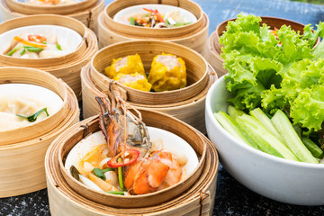 Various thai Dim Sam on the table in morning light
