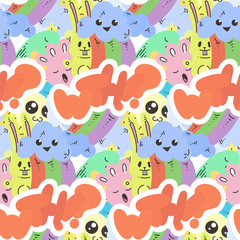 Seamless vector pattern with cute cartoon monsters and beasts. Nice for packaging, wrapping paper, coloring pages, wallpaper, fabric, fashion, home decor, prints etc