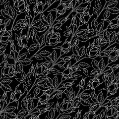 Seamless pattern with flowers on dark background. Hand drawn illustration. Fabric and paper design