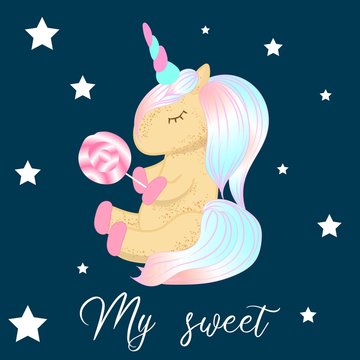 Cute cartoon character unicorn. Print for Baby Shower.