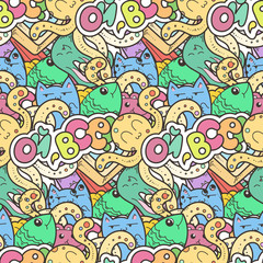 Seamless vector pattern with cute cartoon monsters and beasts