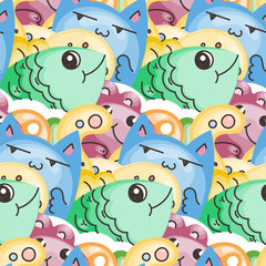 Fototapeta na wymiar Seamless vector pattern with cute cartoon monsters and beasts. Nice for packaging, wrapping paper, coloring pages, wallpaper, fabric, fashion, home decor, prints etc
