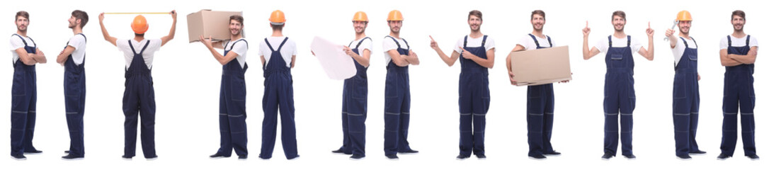 panoramic collage of male handyman isolated on white