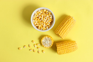Fresh corn on a colored background. Corn heads.
