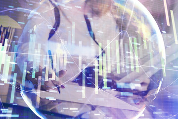 International business hologram over hands taking notes background. Concept of success. Multi exposure