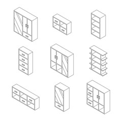 Set of Furniture, Cabinets and Cupboard with glass. Outline Isometric Drawing Vector.